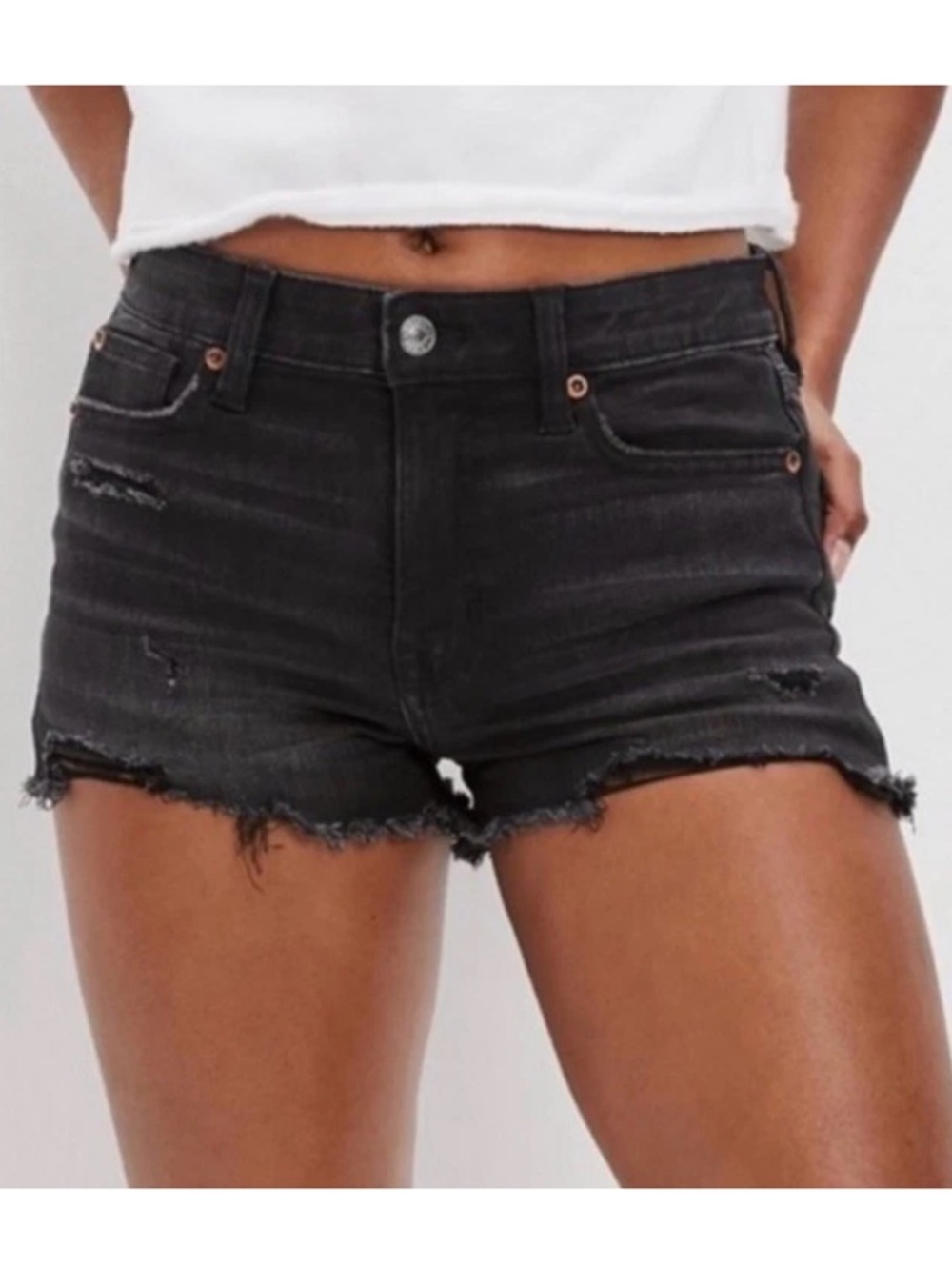 American Eagle Highest Rise 90's Boyfriend Distressed Sz 0 Black Shorts Raw Hem